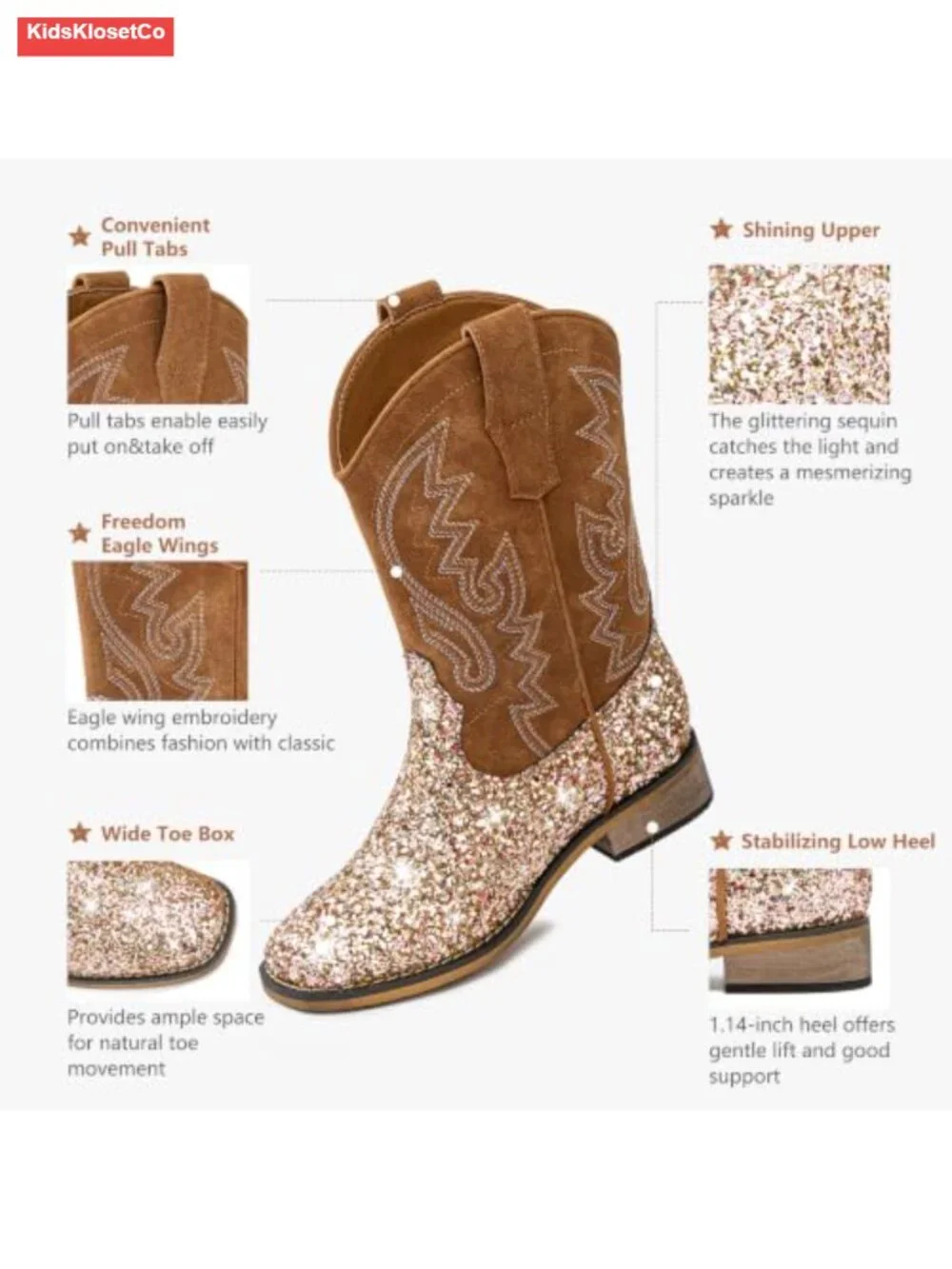 Boys Cowboy Western Square Toe Boots Mid Calf Embroidered Pull-On